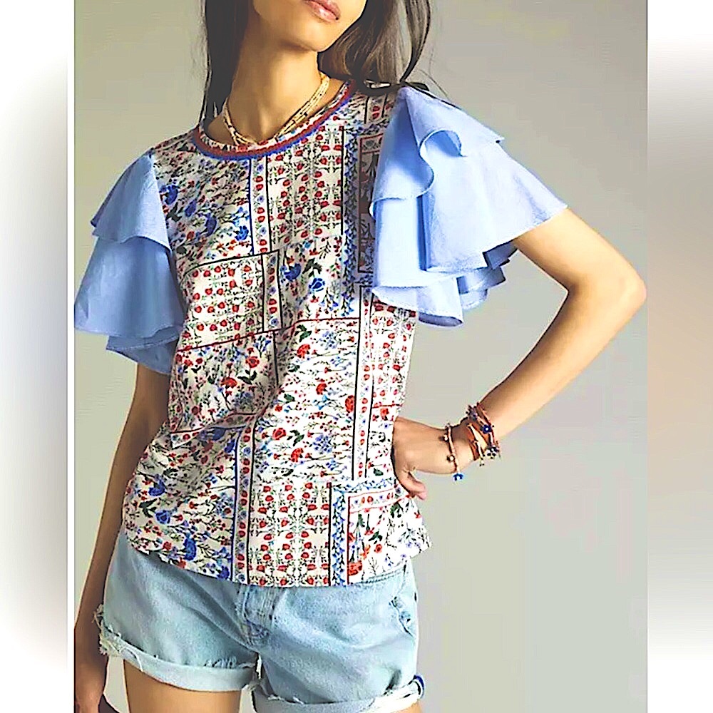 Anthropologie Shirt,Let Me Be, With Tiered Flutter Sleeves 100%Cotton Size M